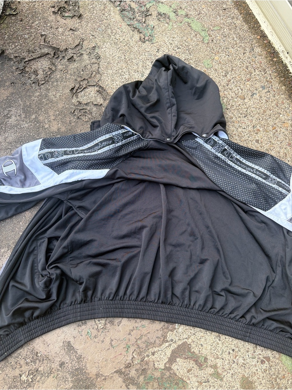 Champion Black Hooded Windbreaker with Gray Sleeve Panels (1990’s vintage)
